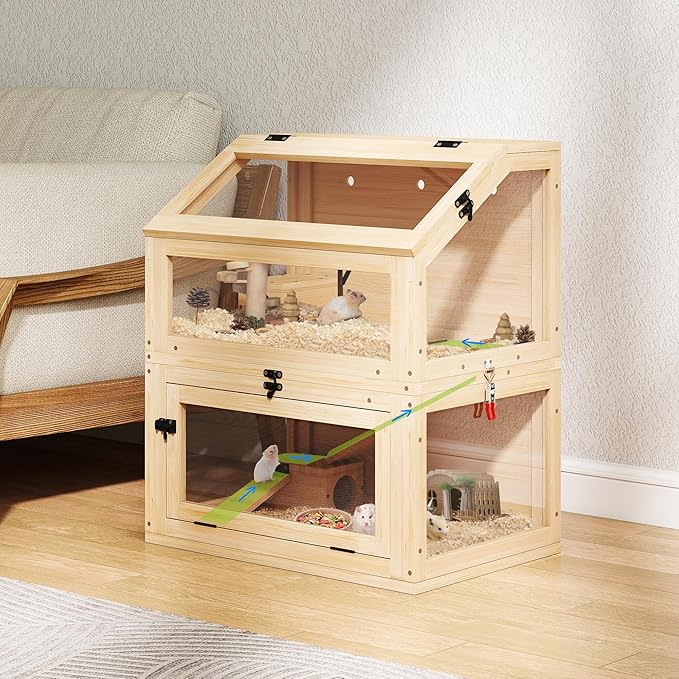 COZIWOW 2-Tier Wood Hamster Cage, Guinea Pig House with Hideouts, Ramps, Acrylic Window, Door Access, Detachable Squirrel Cage for Hedgehogs Gerbils Mice Small Animals, Natural