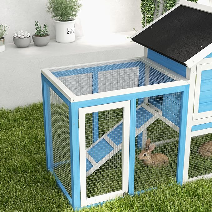 PawHut 49" Wooden Rabbit Hutch Bunny Cage with Waterproof Asphalt Roof, Fun Outdoor Run, Removable Tray and Ramp, for Rabbits, Chickens, Ducks, Light Blue