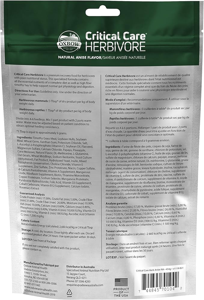 Oxbow Critical Care Herbivore, Emergency Guinea Pig Food, Rabbit Food for Recovery, Natural Anise Flavor, Critical Care for Guinea Pig Emergency Kit, 454 gram bag