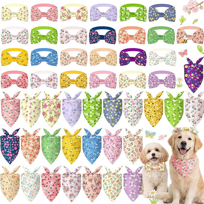 Sanwuta 50 Pcs Spring Dog Bandanas and Collar Bow Ties Set 25 Bandanas Bulk 25 Charm Dog Collar Pet Triangle Pet Scarf Bowtie for Small Medium Large (Spring Fresh)