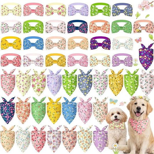 Sanwuta 50 Pcs Spring Dog Bandanas and Collar Bow Ties Set 25 Bandanas Bulk 25 Charm Dog Collar Pet Triangle Pet Scarf Bowtie for Small Medium Large (Spring Fresh)