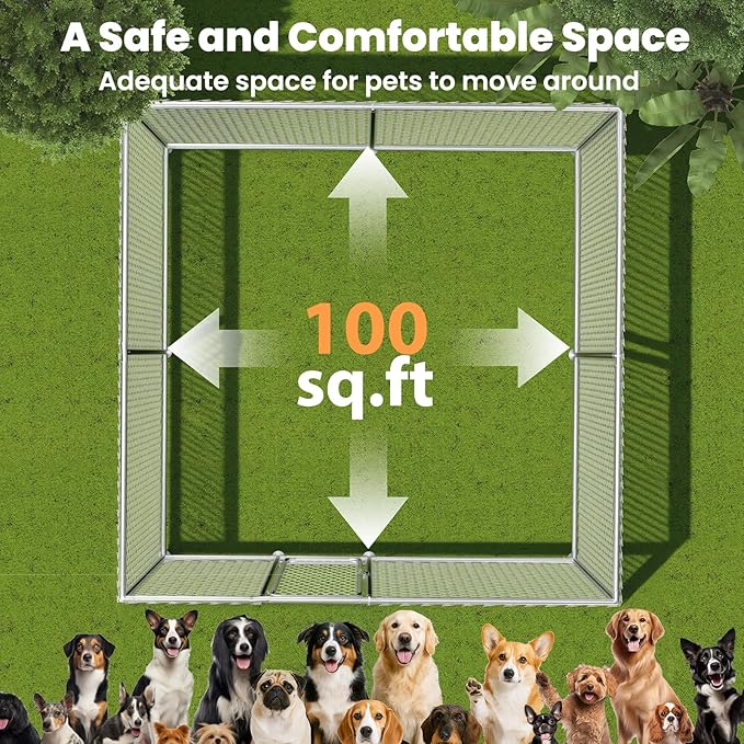 10x10 FT Outdoor Dog Kennel with Waterproof Roof - Heavy Duty Metal Exercise Pen, Weatherproof UV-Resistant Cover & Secure Locking for Large Dogs（124 x 124 x 87IN）