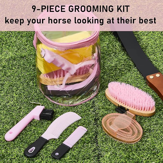 Cunhill 9 Pcs Horse Grooming Kit Tack Room Supplies Set with Tote Bag, Oval Massage Curry, Hard and Soft Brush, Hoof Pick, Sweat Scraper, Bathing Sponge, Comb for Horse Rider(Cute,Pink)