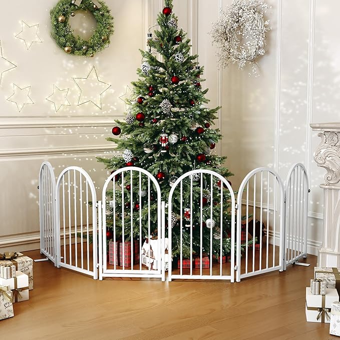 PUPETPO Full Metal Dog Gate with Door for Indoor Outdoor, 32" Tall Free Standing Pet Dog Fence, 108" Extra Wide Pet Gates for Stairs, Hallways, Doorways, Kitchen, Decks, Yards (White, 6 Panels)