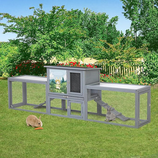 COZIWOW Large Wood Rabbit Hutch Outdoor Indoor, 94.5" L 2-Level Bunny Cage for 2 or More Small Animals, Wooden Pet House with Removable Tray & Multiple Entrances (Grey with Pattern)