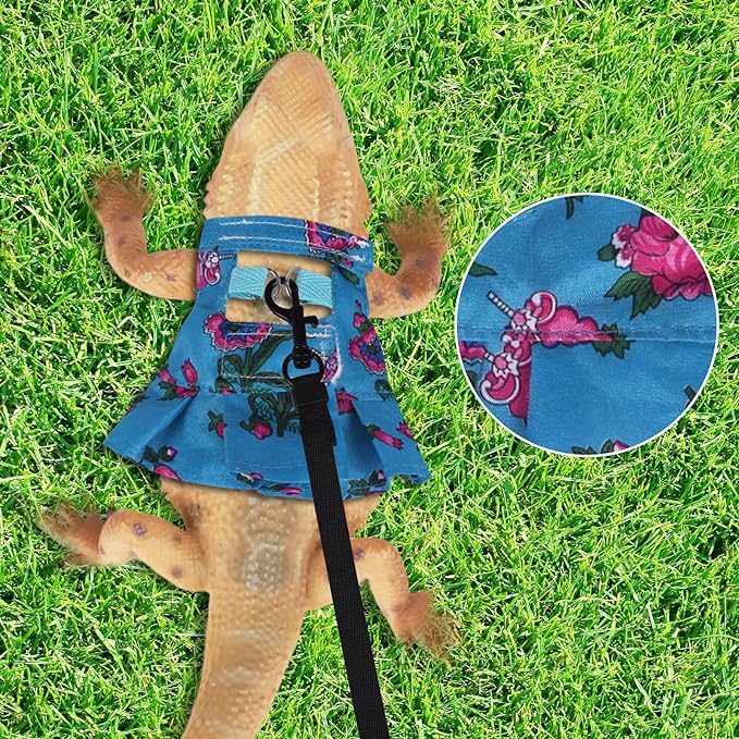 Bearded Dragon Harness and Leash Skirts Set Adjustable Reptile Lizard Leash Rope Dresses Clothes Starter Kit Accessories for Small Animal Outdoor Walking Training (Blue)