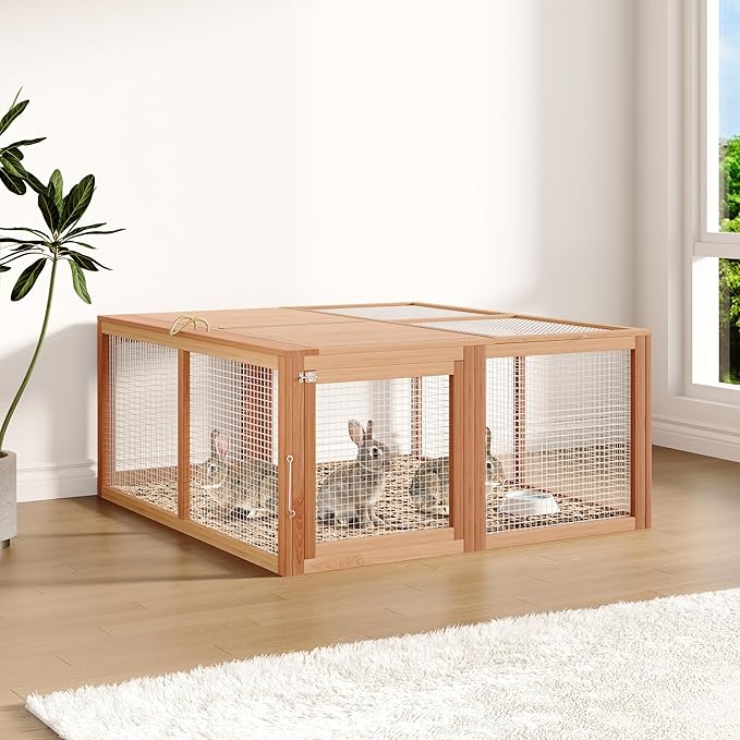 GarveeHome Folding Chicken Coop Run Rabbit Hutch, Portable Wooden Chicken Cage Pens with Top & Side Opening Doors, Small Animal Poultry Pet Cage for Outdoor, Indoor, No Assembly Required, Dark Oak+Oak
