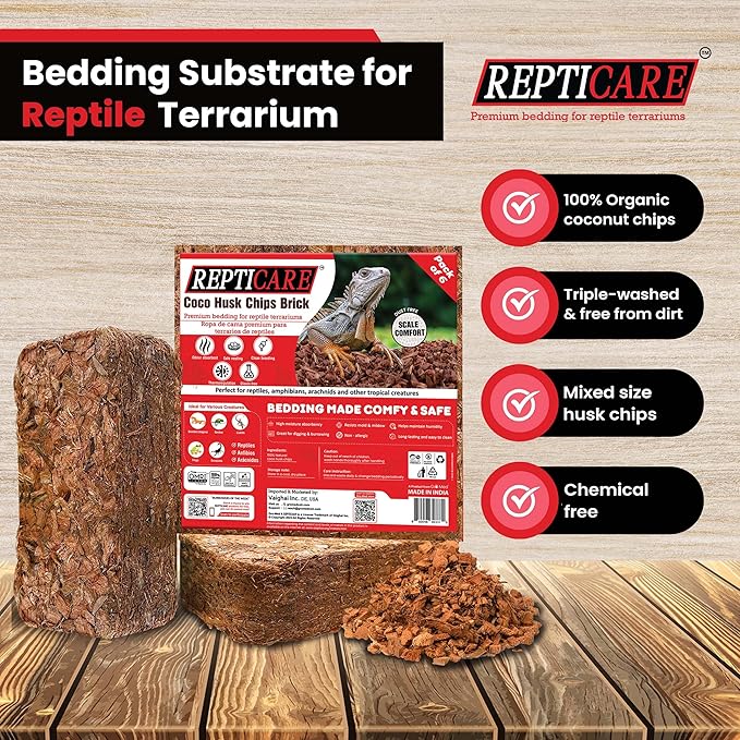 ReptiCare Coco Chips Brick 6 Pack, upto 7Q Each- Organic Coconut chips Substrate for Reptiles, Bearded Dragons, Ball Pythons, Tarantulas, Hermit Crabs, Turtles, Tortoises, Snake and Gecko Bedding