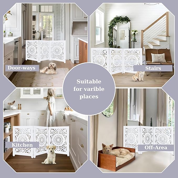 Lightnpro Wooden Dog Gate - Adjustable Freestanding Foldable Pet Safety Barrier for Indoor Use, Stylish Extra-Wide Fence for Dogs & Small Pets, Ideal for Stairs & Doorways - 24x54 Inch Antique White