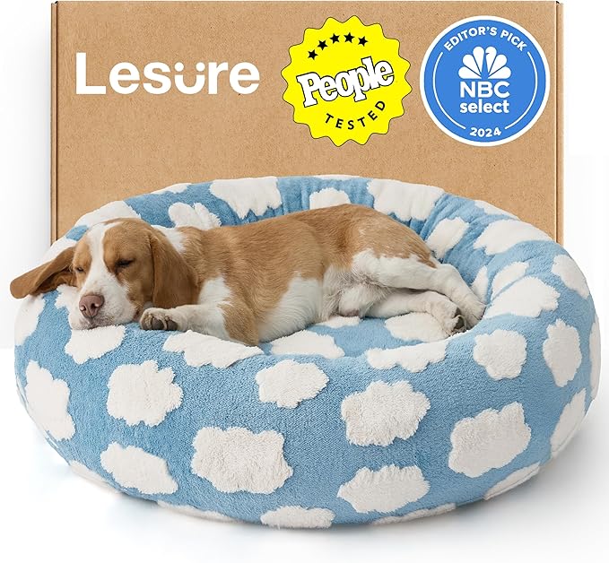 Lesure Shown on TV Donut Dog Beds Large Sized Dog - Round Pet Beds for Calming Puppy with Washable Cover, Orthopedic Modern Home Decor Beds with Jacquard Shaggy Plush & Anti Slip Bottom, 33 Inch，Blue