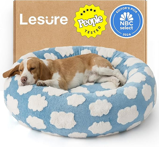 Lesure Shown on TV Donut Dog Beds Large Sized Dog - Round Pet Beds for Calming Puppy with Washable Cover, Orthopedic Modern Home Decor Beds with Jacquard Shaggy Plush & Anti Slip Bottom, 33 Inch，Blue