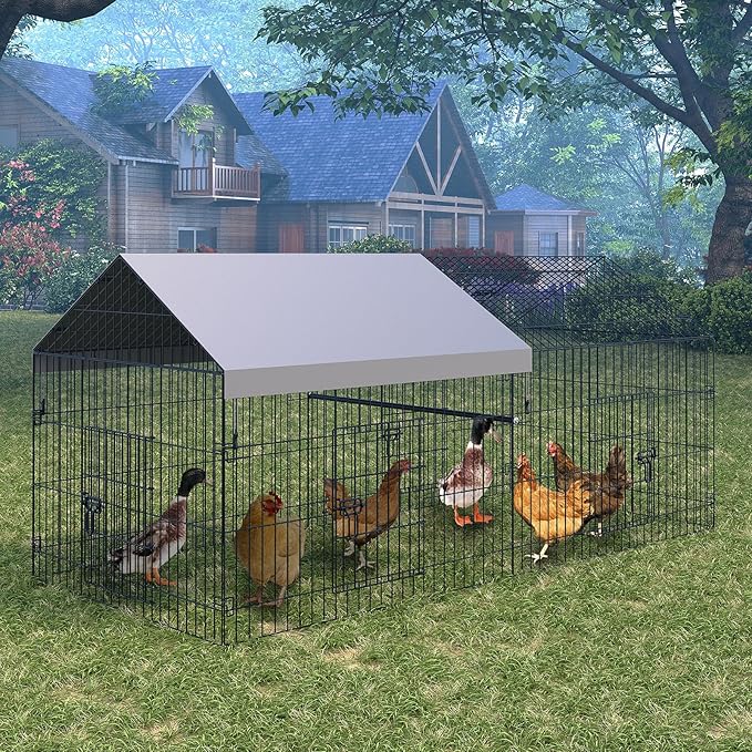 Metal Chicken Coop, Chicken Run for Yard with Cover, Outdoor Metal Chicken Cage with 4 Door and 1 Window for Outside Duck Rabbit Hen, 86"×40"×40"