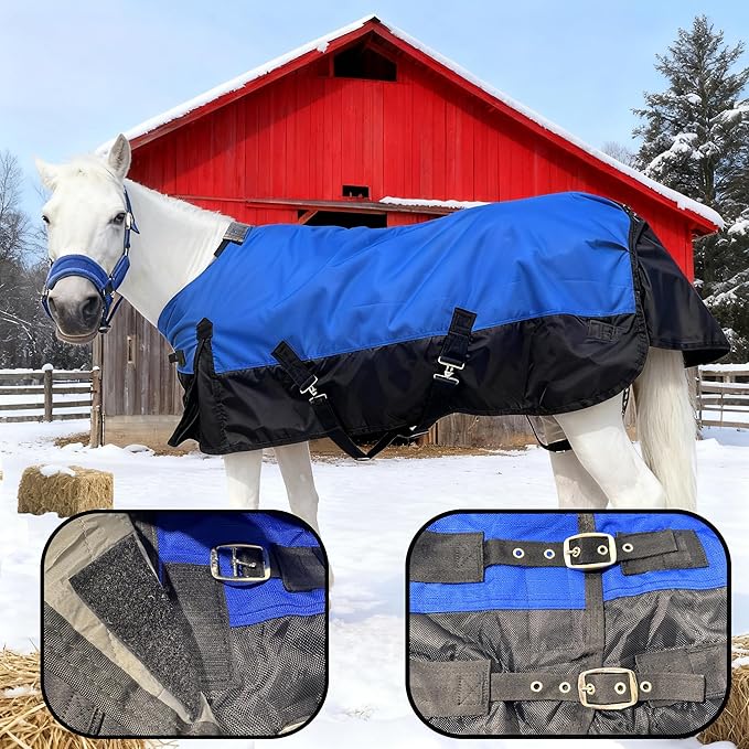 Mini Horse/Pony/Foal/Miniature Turnout Blanket, Medium Weight Winter Blanket for Horses, Donkey Blanket, 1680 Denier Waterproof &Breathable/220g Filling (Blue, 47in)
