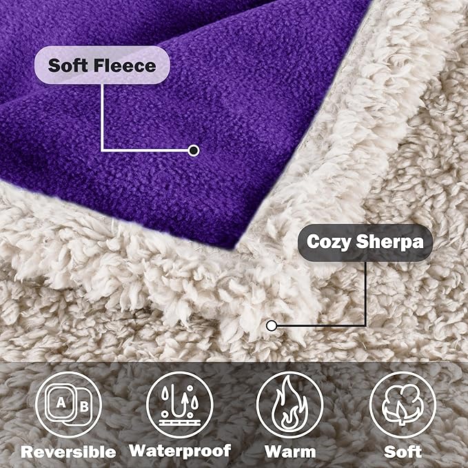 Kritter Planet Waterproof Dog Blanket, Washable Stain Proof Bed Cover, Reversible Leakproof Furniture Protector, Liquid Proof Blanket for Couch Sofa, 50x60 inch, Queen Size, Purple