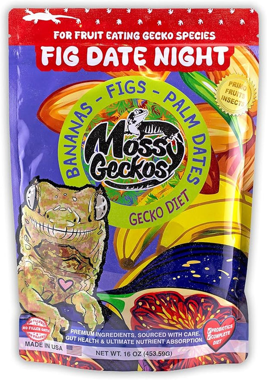 Complete Gecko Diet for Fruit and Insect Eating Geckos, 2 oz & 16 oz, with Human-Grade Dried Fruit, Probiotics and Vitamins (16 oz, Fig Date Night - Fig, Date & Banana)