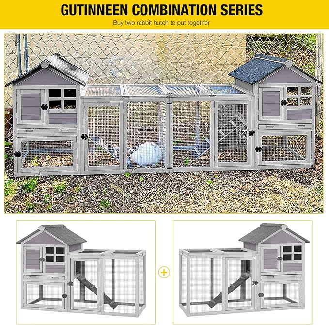 Aivituvin 51.6''L Rabbit Hutch Outdoor Chicken Coop Indoor Bunny Cage with Run,Guinea Pig House Pull Out Upper Tray 51.6" L x 25.2" W x 36.2" H (Grey)