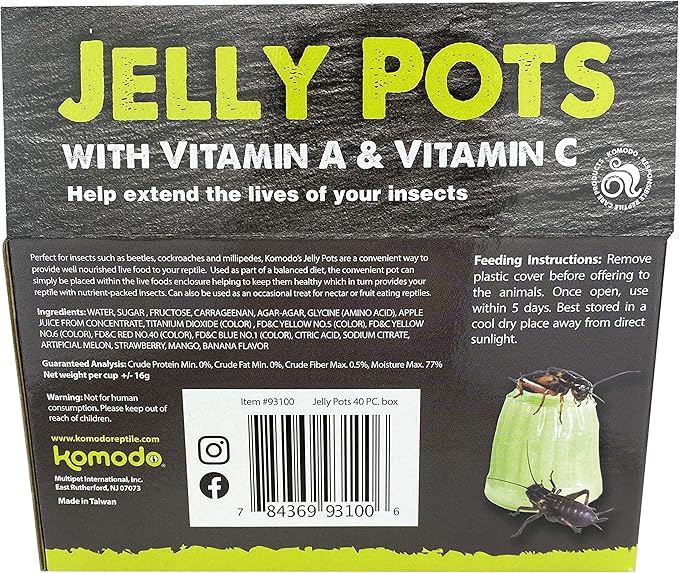 Multipet Komodo Jelly Pots Mixed Fruit Flavor Insect Food | Individually Portioned | Provides Nutrition & Hydration for Fruit-Eating Reptiles 40 Count Display (16g per Cup)
