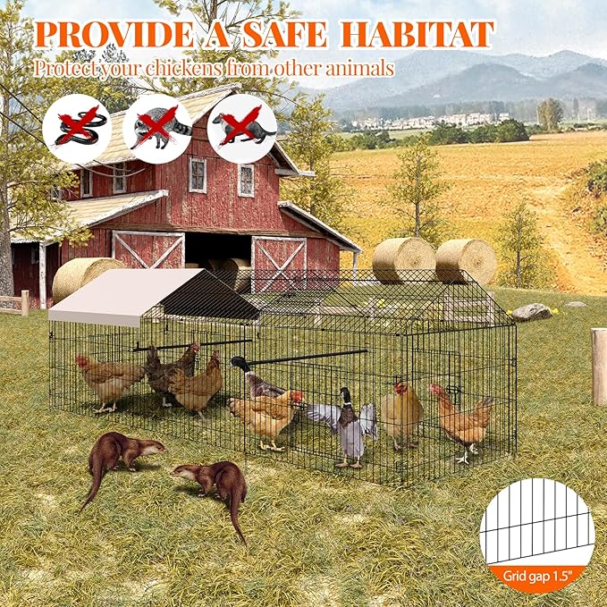 Metal Chicken Coop, Chicken Run for Yard with Cover, Outdoor Metal Chicken Cage with 4 Door and 1 Window for Outside Duck Rabbit Hen, 130"×40"×40"