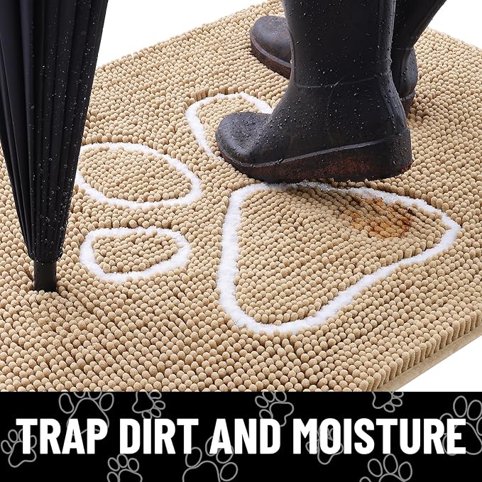 Smiry Dog Door Mat for Muddy Paws, Absorbent Dirt Trapper Non Slip Quick Dry Washable Chenille Mat for Mud Dogs, Entry Rug for Indoor and Outdoor (59x32 Inches, Beige and White)