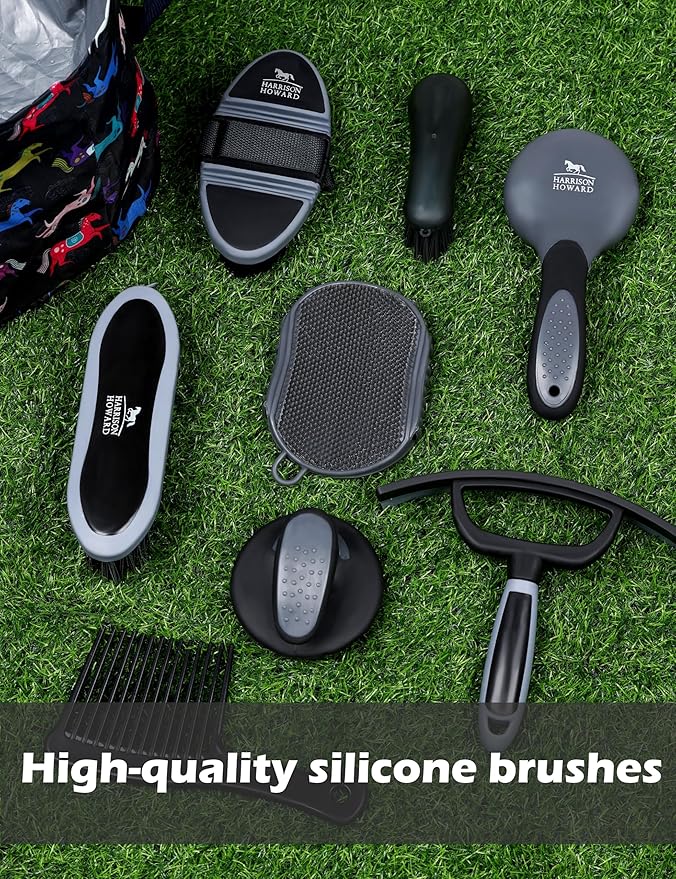 Harrison Howard Complete Horse Grooming Set, 11-Piece Advanced Daily Grooming Tools with Extra Brushes for Full Horse Care Black Brushstroke Ponies