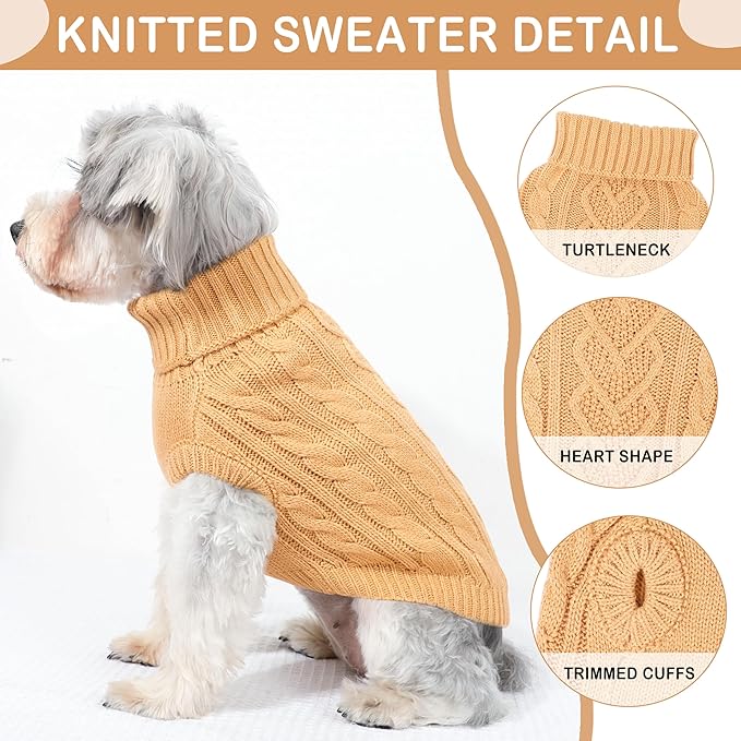 Dog Sweaters Small Dog Clothes for Winter Solid Knitted Puppy Sweater Warm Pet Cat Sweater Doggy Pullover Outfit with Heart-Shape Design(Light Brown,Large)