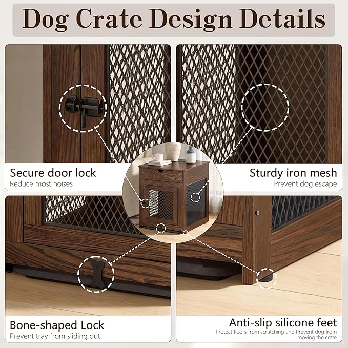 Piskyet Dog Crate Furniture,Wooden Dog Crate End Table with Storage Drawer&Cushion&Tray, QC3.0 Wireless Charging,Dual USB,Small Dogs Rustic Style
