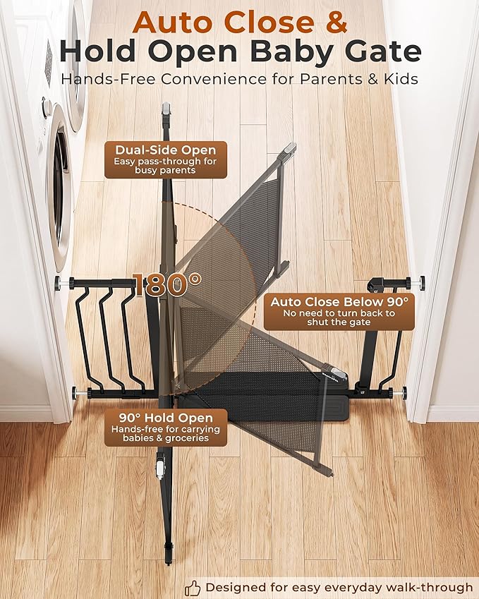 29.5-48" Baby Gate for Stairs, Child & Pet Proof, No-Drill Pressure Mount Auto Close One-Hand Operation, 30.5" Tall Indoor Dog Gate for Doorways, 4 Adjustable Sizes, Black