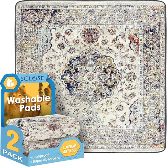SCLOSE Washable Pee Pads for Dogs Large 2 Pack, 48" x 48" Reusable Puppy Pads Waterproof Dog Rugs, Super Absorbent, Leakproof, Dog Crate Pad, Playpen Mat, Whelping Pads, Vintage Medallion