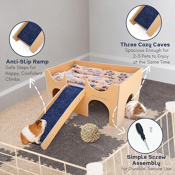 Guinea Pig Wooden Hideout with Built-in Feeder, Screw-Assembled Natural Wood Castle with Absorbent Fleece Mat, Ramp & Accessories, Cozy Safe Hideaway for Small Pets to Rest, Play & Explore