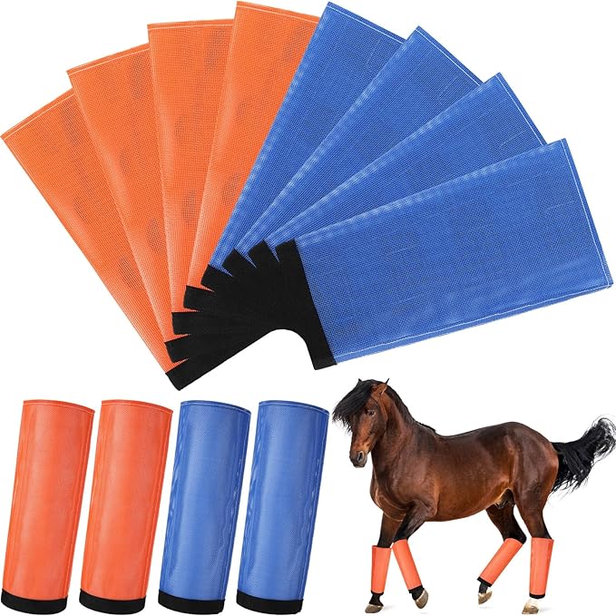 Set of 8 Mesh Fly Boots for Horse Breathable Mesh Horse Boots Protective Loose Wraps Adjustable for Preventing Legs Reduces Flies and Mosquitoes Bites(Blue, Orange,Yearling)