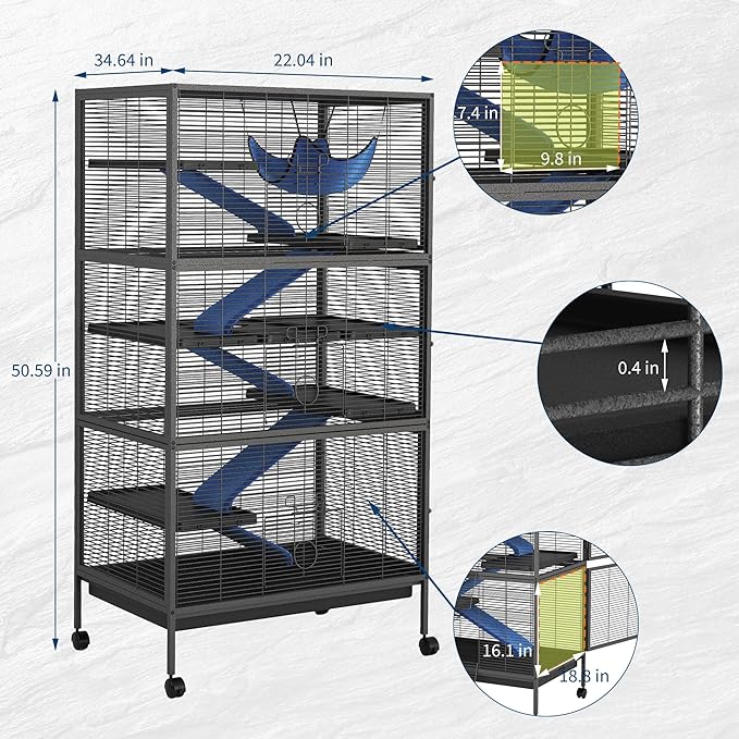50" Large Ferret Cage, Small Animal Habitat with 5 Ramps, Hammock & Wheels, Spacious Multi-Level Design for Chinchillas, Rabbits, Sugar Gliders