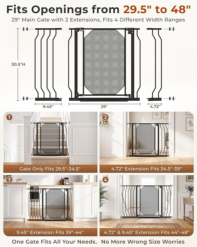 29.5-48" Baby Gate for Stairs, Child & Pet Proof, No-Drill Pressure Mount Auto Close One-Hand Operation, 30.5" Tall Indoor Dog Gate for Doorways, 4 Adjustable Sizes, Black