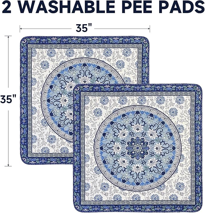 Washable Pee Pads for Dogs 2 Pack,35"x35" Waterproof Non-Slip Reusable Puppy Pad with Fast Absorbent,Leakproof Whelping Pads for Pet Housebreaking (Indigo Blue Medallion, 35"x35"(Pack of 2))