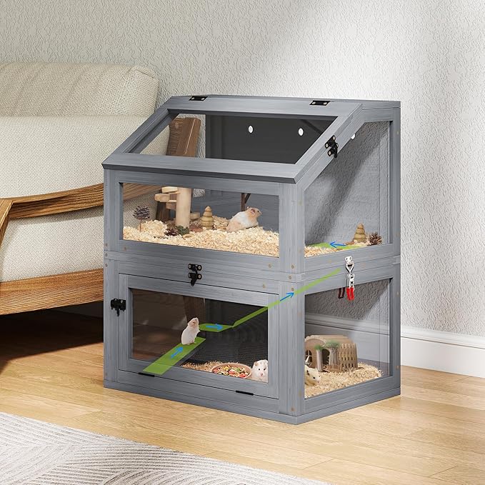 COZIWOW 2-Tier Wood Hamster Cage, Guinea Pig House with Hideouts, Ramps, Acrylic Window, Door Access, Detachable Squirrel Cage for Hedgehogs Gerbils Mice Small Animals, Gray