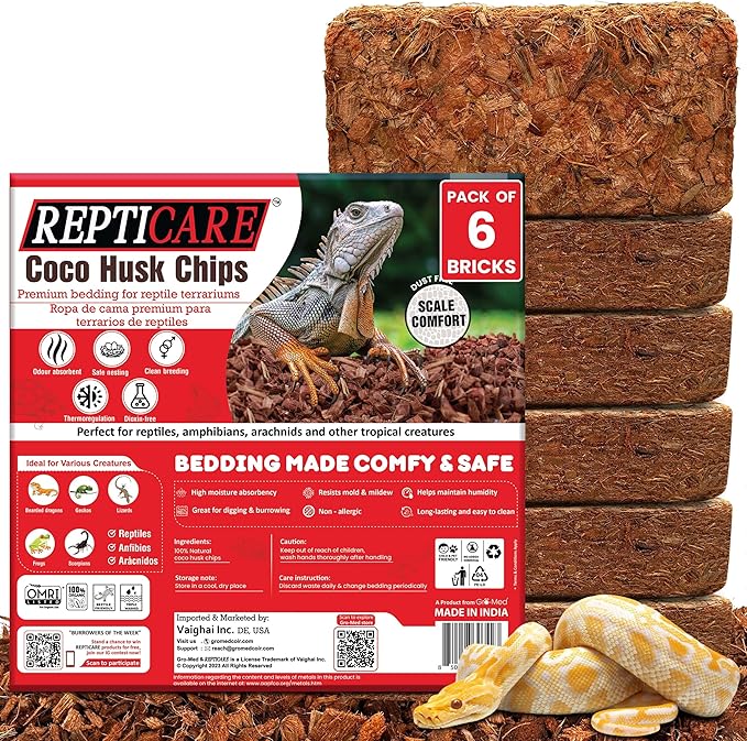 ReptiCare Coco Chips Brick 6 Pack, upto 7Q Each- Organic Coconut chips Substrate for Reptiles, Bearded Dragons, Ball Pythons, Tarantulas, Hermit Crabs, Turtles, Tortoises, Snake and Gecko Bedding