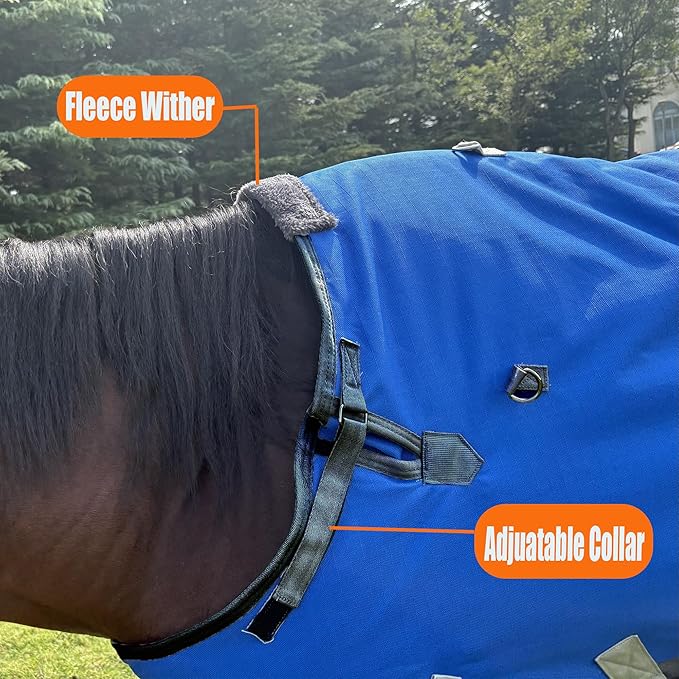 Horse Turnout Blanket, Heavy Weight Horses Blanket with 300g Poly Filling, Neck Cover & Belly Wrap, 1680D Waterproof Winter Blankets for Horses (Blue, US72 in(EU 135 cm))