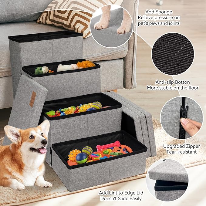 Zerbuger Dog Stairs with Storage 23" H, 4-Step Wider Dog Steps for High Beds Window, Folding Sturdy Pet Stairs Gift for Injured Old Dogs Cats, Ramp for Climbing Car Up to 200 lbs,(Gray, No Condo)