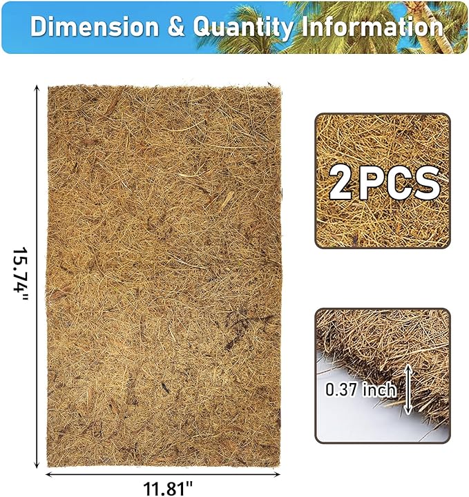 PIVBY 2 PCS Reptile Carpet, Natural Coco Coir Mat (15.74" x 11.81"), Coconut Fiber Substrate Pet Terrarium Liner for Bearded Dragon Tortoise Habitat Lizards Turtles Snakes Iguana Hermit Crab