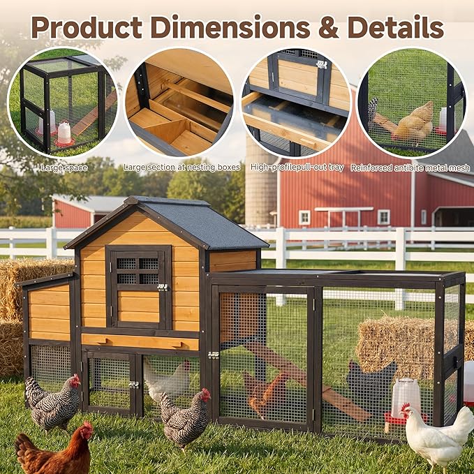 Large Chicken Coop Outdoor Durable Duck House Poultry Pet Hutch & 2 Wood Eggs Run Cage Nesting Box Waterproof Asphalt Roof Ramp Removable Tray Wire Fence for Backyard Small Animal 79" Orange