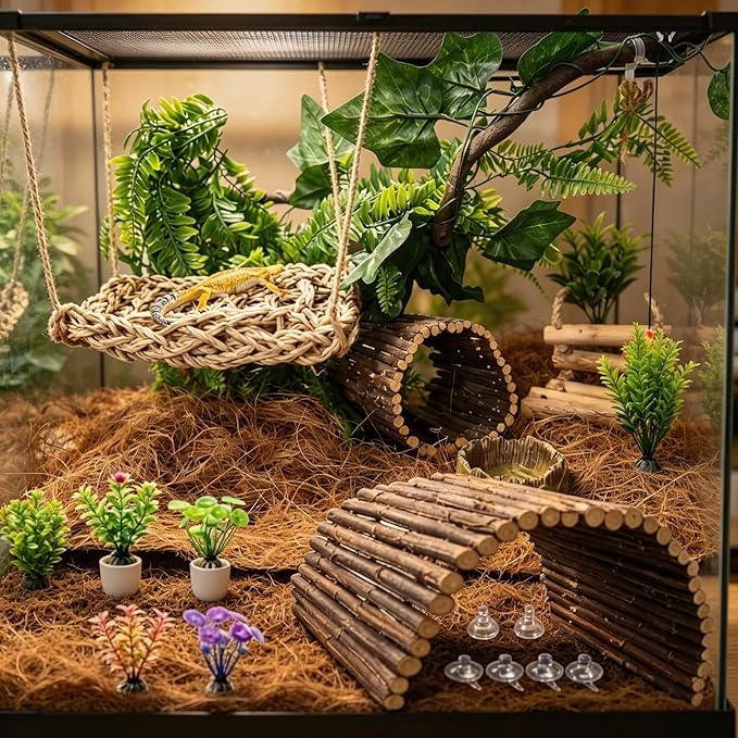 Bearded Dragon Tank Accessories, Reptile Mat Hammock Plants Bridge Jungle Climber Vines Terrarium Decorations for Leopard Gecko, Hermit Crab Lizard Snake (9 PCS Without Reptile Mat)