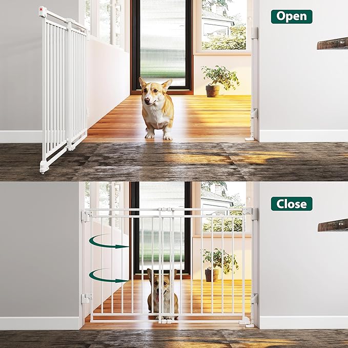 Miumoon 29-45" No Bottom Bar Baby Gate for Stairs, 2-in-1 Auto Close Dog Gate Indoor with Large Walk Thru Door, Hardware Mount Pet Gate for Top and Bottom Stairs (White, 26.5-43" W x 29" H)