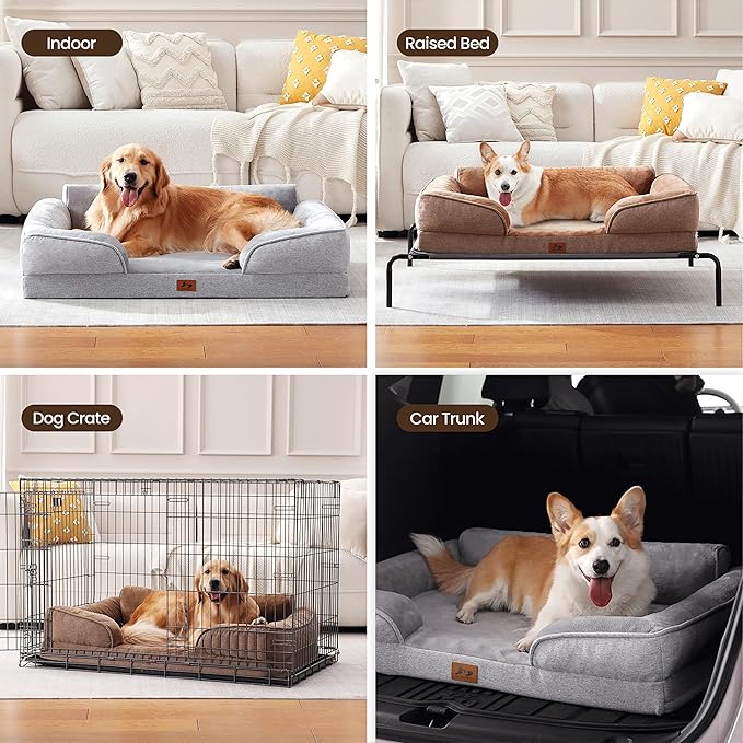 Orthopedic Dog Beds for Large Sized Dogs, Waterproof Egg-Crate Foam Pet Couch Bed with Soft Side, Non-Slip Dog Sofa with Flannel Removable Washable Cover, 35"L Supportive Pet Sofa, Light Grey