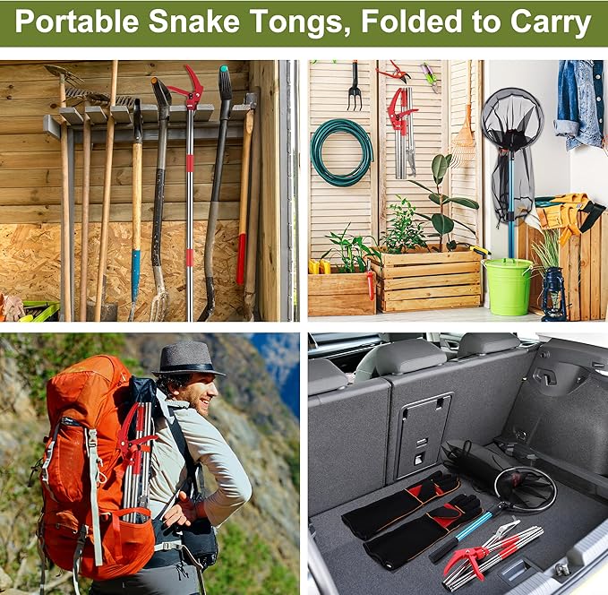 Qualirey Snake Grabber Tool Set, 50" Foldable Snake Tongs and 16"-24" Extendable Catcher Net with Handling Gloves, Professional Reptile Heavy Duty Catcher Wide Jaw Handling Tool