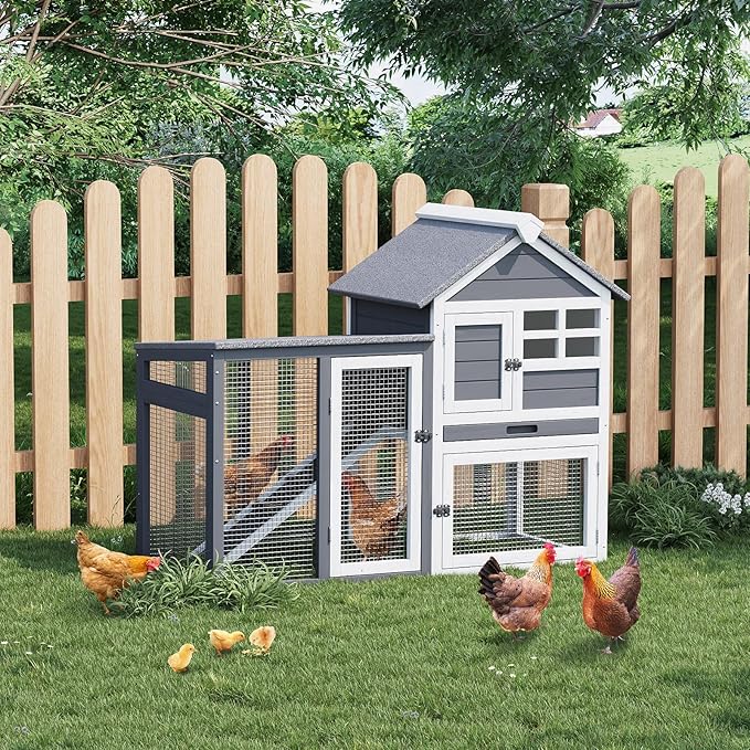 GarveeLife Small Wooden Chicken Coop, 2-Story Rabbit Hutch Indoor Outdoor with Waterproof Roof, Bunny Cage with Pull Out Tray and a Wooden Ramp