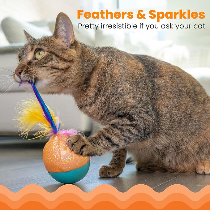 Catstages Whack N' Wobble Ball Intearctive Cat Toy, Weighted Ball with Feathers, Bell, Glitter Fabric & Catnip Oil, Turquoise - Image 3
