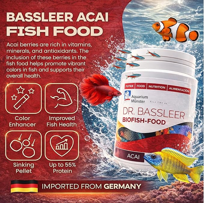 Bassleer Biofish Food ACAI – Medium Granules (600 g) | Premium Aquarium Fish Food with Acai Superfruit, Omega-3 & Antioxidants | Scientifically Balanced Nutrition for Color, Vitality & Health