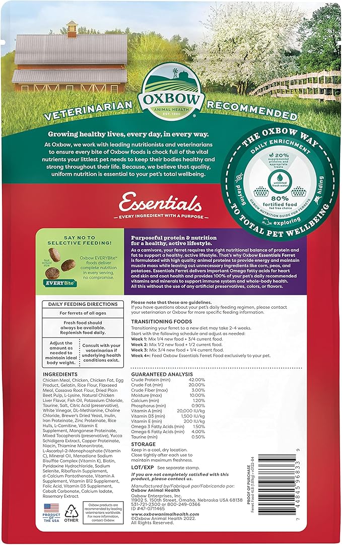 Oxbow Essentials Ferret Food,Vitamin & Mineral Rich Formula for Ferret,High Protein Food & High Fat,Small Animal Pet Products, Made in USA,4 lb Bag,(Pack of 2)