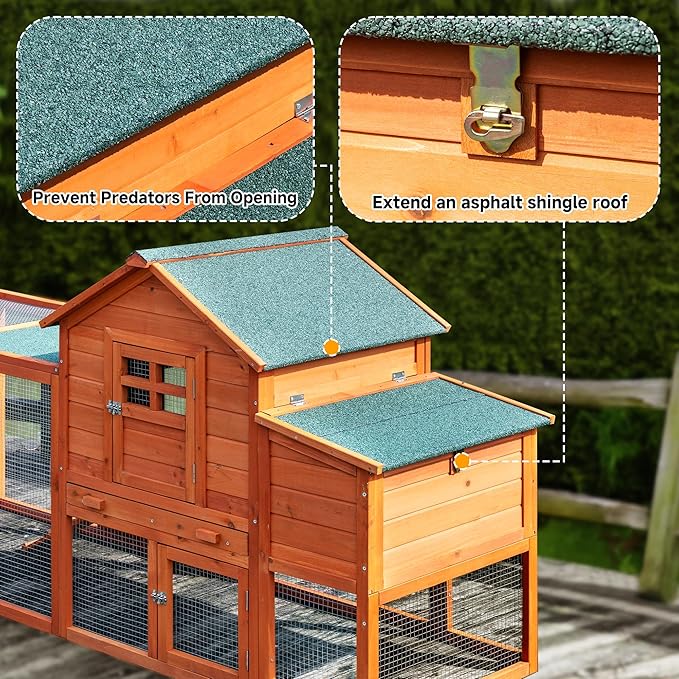 Large Chicken Coop Outdoor Durable Duck House Poultry Pet Hutch & 2 Wood Eggs Run Cage Nesting Box Waterproof Asphalt Roof Ramp Removable Tray Wire Fence for Backyard Small Animal79 Brown
