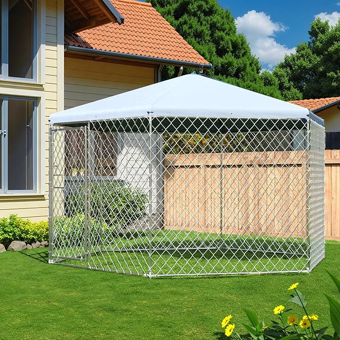 Large Dog Kennel Outside,Outdoor Dog Kennel with Roof,Large Dog Cage with Steel Fence Secure Lock for Garden/Yard (13.3X13.3X8.8 FT)