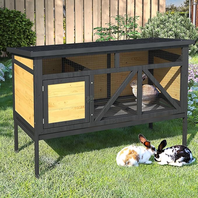 TIMHAKA 46.7" Rabbit Cage Elevated Bunny Cage Indoor, Outdoor Rabbit Hutch Hamster Cages for Small Animals, Wooden Guinea Pig Cages with Removable Tray & Waterproof Asphalt Roof & Bottom Wire Mesh